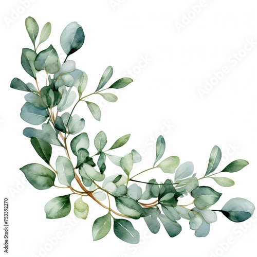Eucalyptus leaves border, Watercolor illustration.