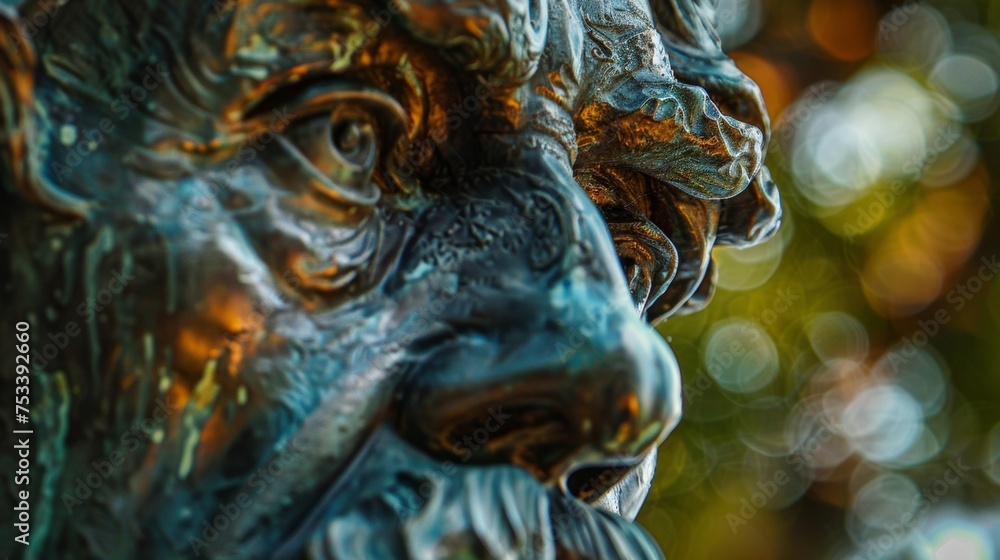 A closeup of a bronze bust depicting a renowned scientist with a furrowed brow and deepset eyes. The sculptor has captured the researchers passion and determination in their