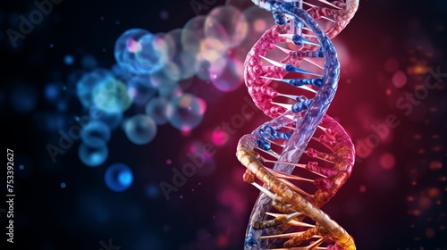 The illustration features a microscope, DNA double helix, and human cell.