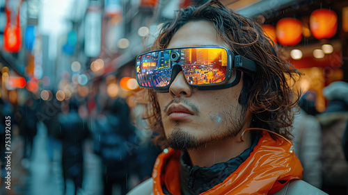 Stylish young man with futuristic sunglasses on a busy city street with blur and bokeh background © visual artstock