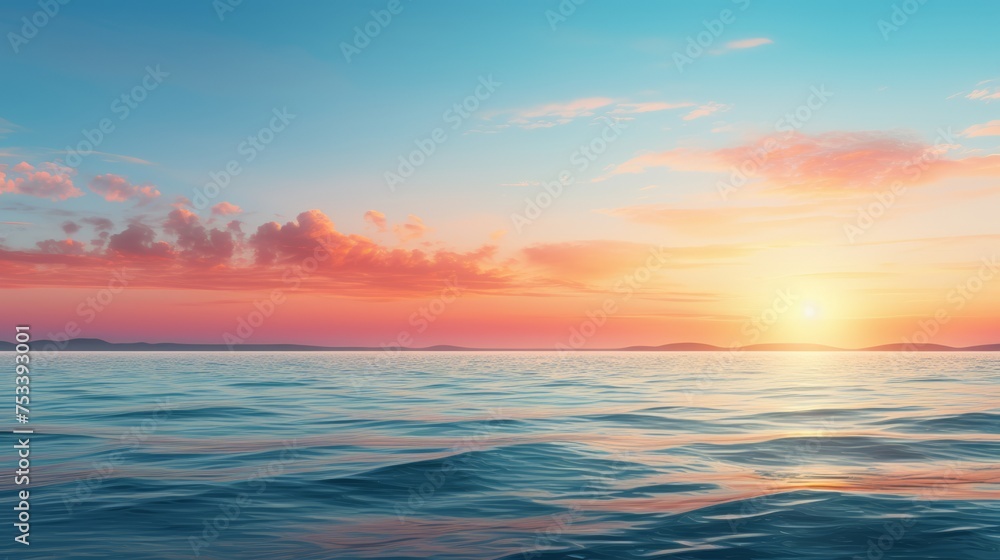 Calm ocean at sunrise, horizon centered for text