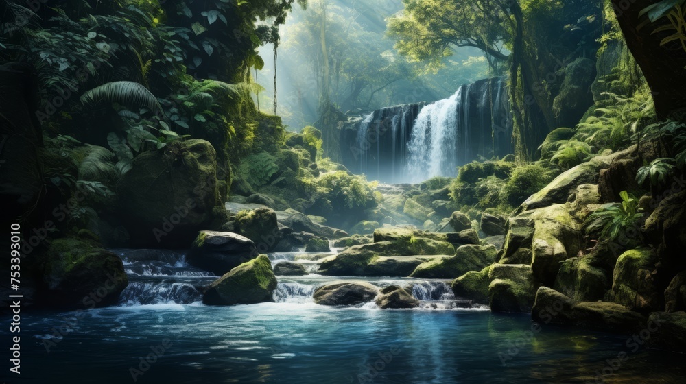 Cascading waterfall, natural beauty with bottom text area