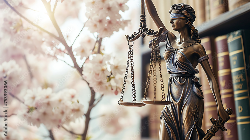 Close-up of the statue of the Goddess of Justice holding a balance. Law book and cherry blossoms in background. Close-up of the statue of the Goddess of Justice holding a balance. Law book and cherry blossoms in background.