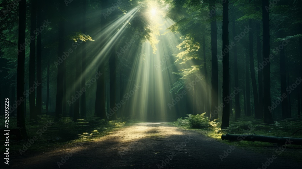 Ethereal forest with light beams, enchanted atmosphere