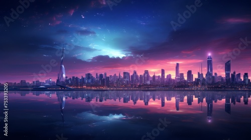 Dystopian cityscape, neon glow