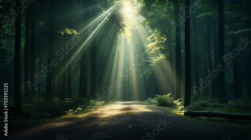 Ethereal forest with light beams  enchanted atmosphere