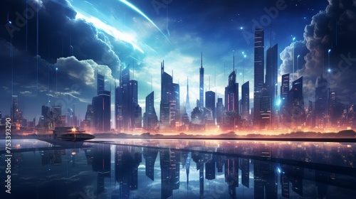 Futuristic city skyline with holographic displays