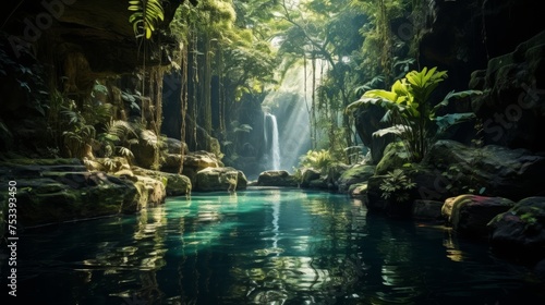 Majestic waterfall in a tropical forest, hidden paradise © Anuwat