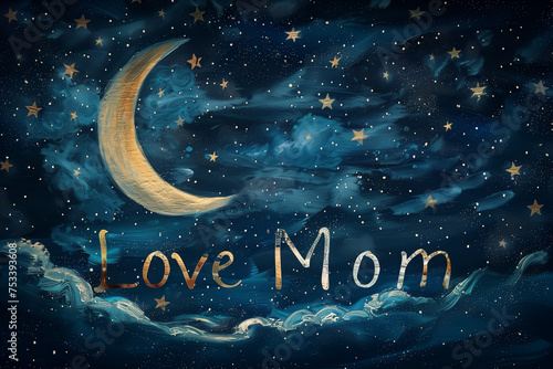 Crescent moon and stars in night sky with golden Love Mom message evoking warmth and familial affection.