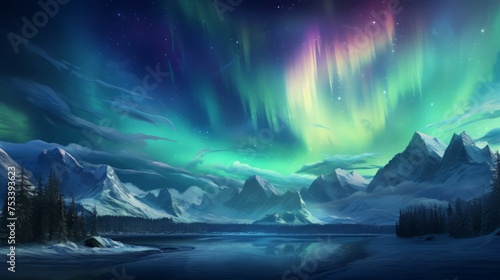 Northern lights over a snowy landscape, magical winter © FoxGrafy