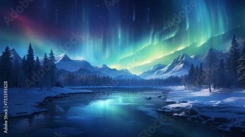 Northern lights over a snowy landscape, magical winter © Anuwat