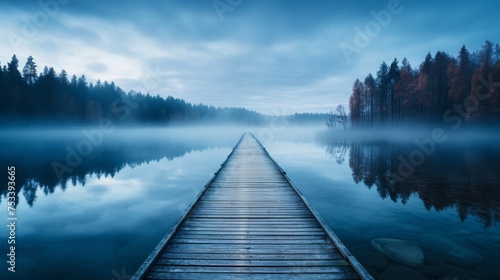 Old wooden pier, tranquil lake