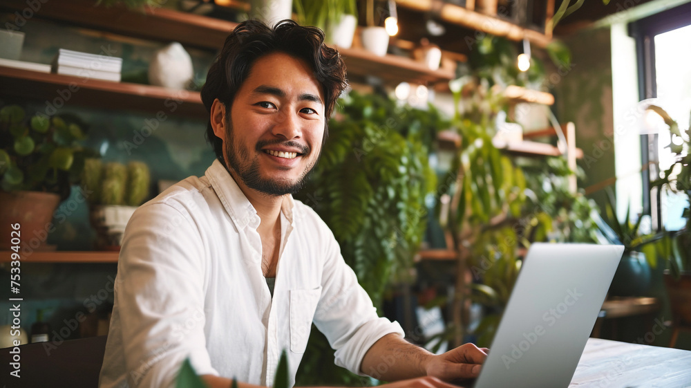 Obraz premium Happy young Asian man working on his laptop
