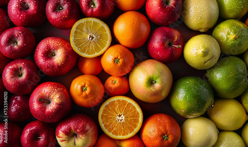 gradient color of fruit. red yellow green in a row. top view fruit.