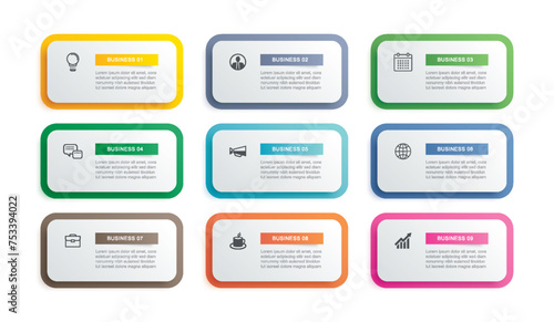 9 data infographics tab paper index template. Illustration abstract background.