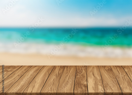 Wood floor deck on blurred beach