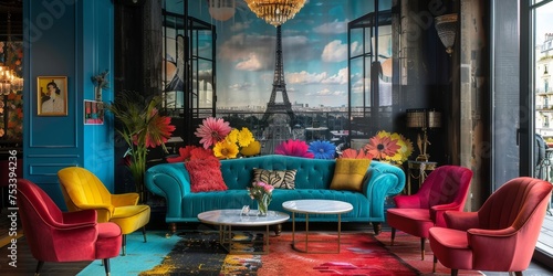 Modern a colorfull reception of a French hotel where in the background we see a giant wall with a photo of Paris