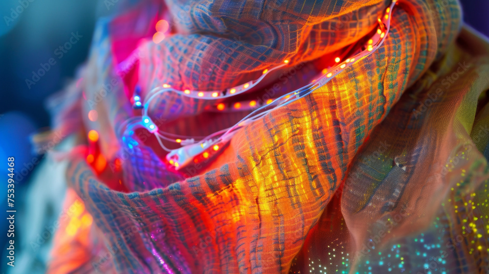 Obraz premium A macro shot of a motion sensor attached to a scarf capturing the intricate arrangement of wires and sensors that allow for movementbased interactions. The fabric of the scarf