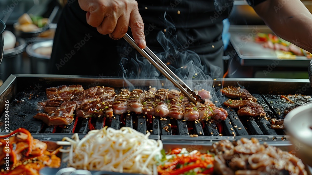 A male uses his hand to use a pair of tweezers on the grill using his handle. Grilled pork belly on the grill The background is surrounded by a shabu set of fresh meat, vegetables, and Korean style. - obrazy, fototapety, plakaty 