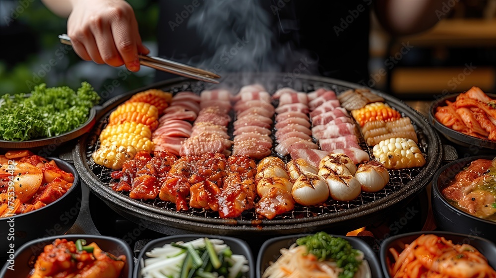 A male uses his hand to use a pair of tweezers on the grill using his handle. Grilled pork belly on the grill The background is surrounded by a shabu set of fresh meat, vegetables, and Korean style.