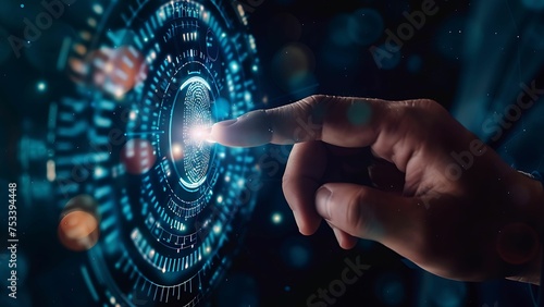 The image shows a person pressing a button on a futuristic screen with their finger. The screen is blue and has a fingerprint on it. The finger is pointing at a button that says "Activate." 