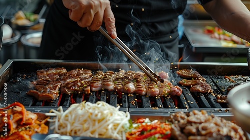 A male uses his hand to use a pair of tweezers on the grill using his handle. Grilled pork belly on the grill The background is surrounded by a shabu set of fresh meat, vegetables, and Korean style.