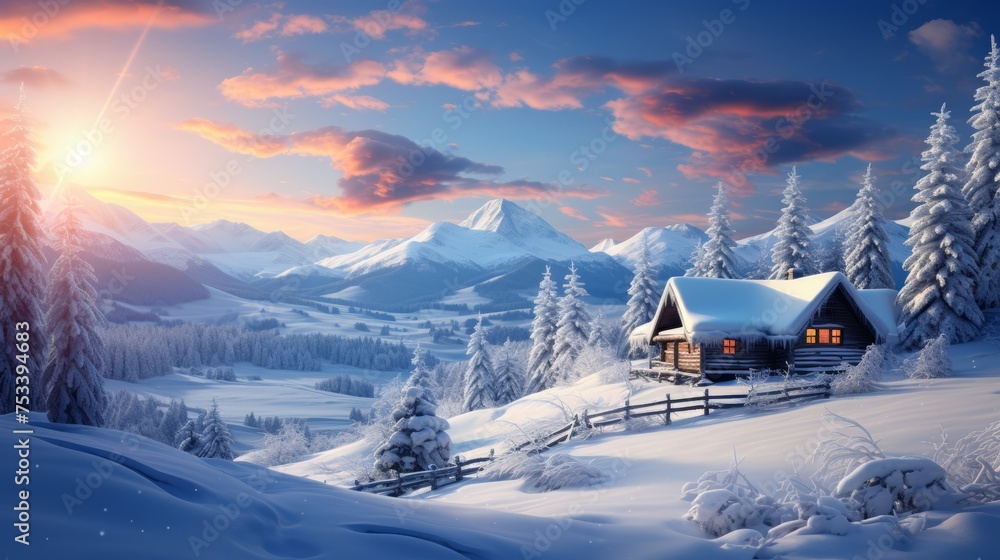 Peaceful winter cabin, snow scene with sky copy area