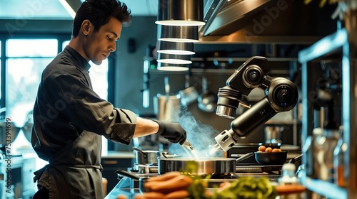 a holographic robotic cooking in a Restaurant kitchen.