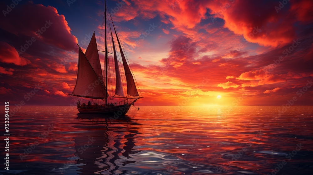 Sailing boat at sunset, vast ocean with sky space