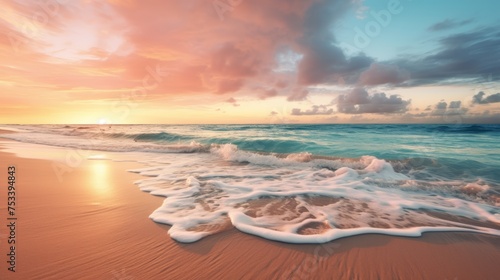 Serene beach sunrise, soft colors with sky copy space © FoxGrafy