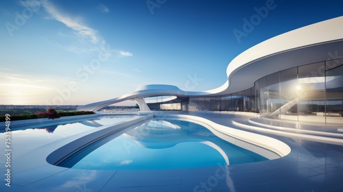 Sleek architectural curves, modern buildings with sky copy area