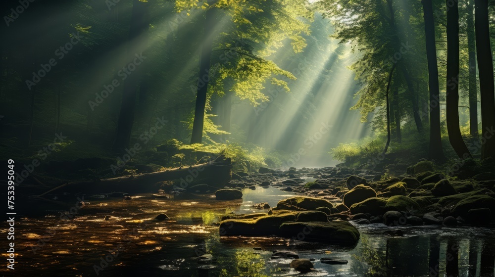 Sunbeam through forest, magical light with text space