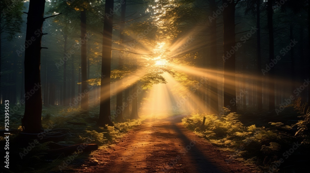 Obraz premium Sunbeam through forest, magical light with text space