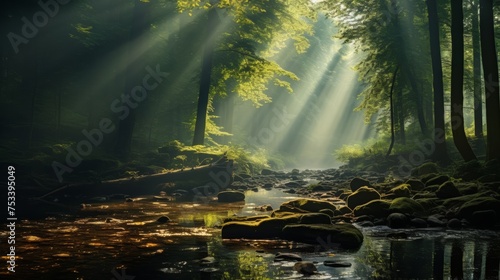 Sunbeam through forest  magical light with text space