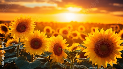 Sunflower field at sunset, golden hour glow