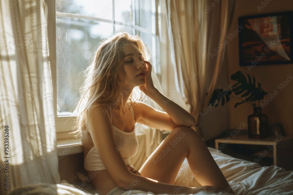 A photo of a young, healthy, and slim woman in a bedroom with morning sunshine A photo of a young, healthy, and slim woman in a bedroom with morning sunshine