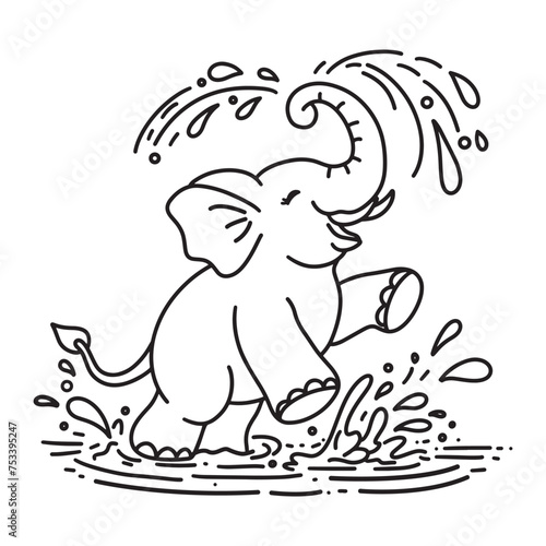 Line art of elephant cartoon has fun wth splashing water vector