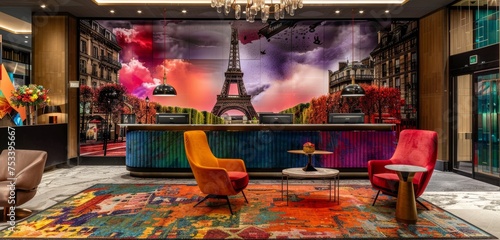 Modern a colorfull reception of a French hotel where in the background we see a giant wall with a photo of Paris