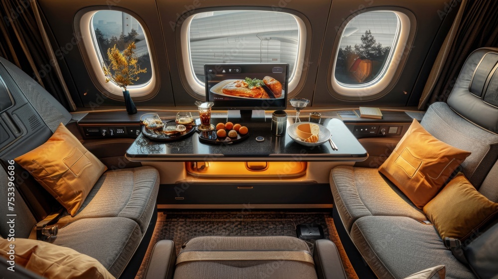 Luxury interior of a private jet with a view from the cabin Luxury interior of a private jet with a view from the cabin