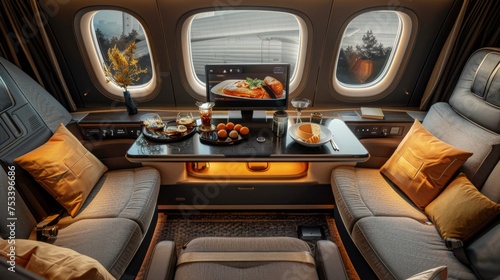 Luxury interior of a private jet with a view from the cabin