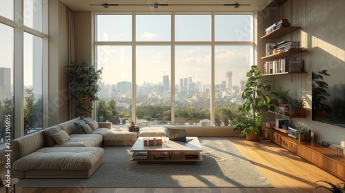 Modern living room with a large window overlooking a cityscape