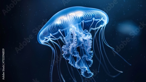 Jellyfish floating in the water. 3d illustration. Blue jellyfish. © Anuwat