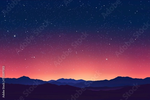 Mountainous Horizon with Starry Sky at Dusk or Dawn, Repeating Seamless Pattern Illustration