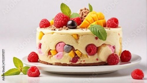 Ice cream dessert with fruits. Sweet cake with mango,  and raspberries with mint leaves. with isolated on white. © Naila
