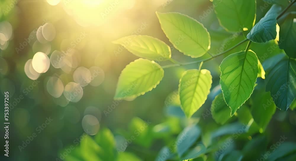 Rich green leaves of a tree waving in wind. Beautiful roundish bokeh. Sun shining through. Abstract slow motion shot Rich green leaves of a tree waving in wind. Beautiful roundish bokeh. Sun shining through. Abstract slow motion shot