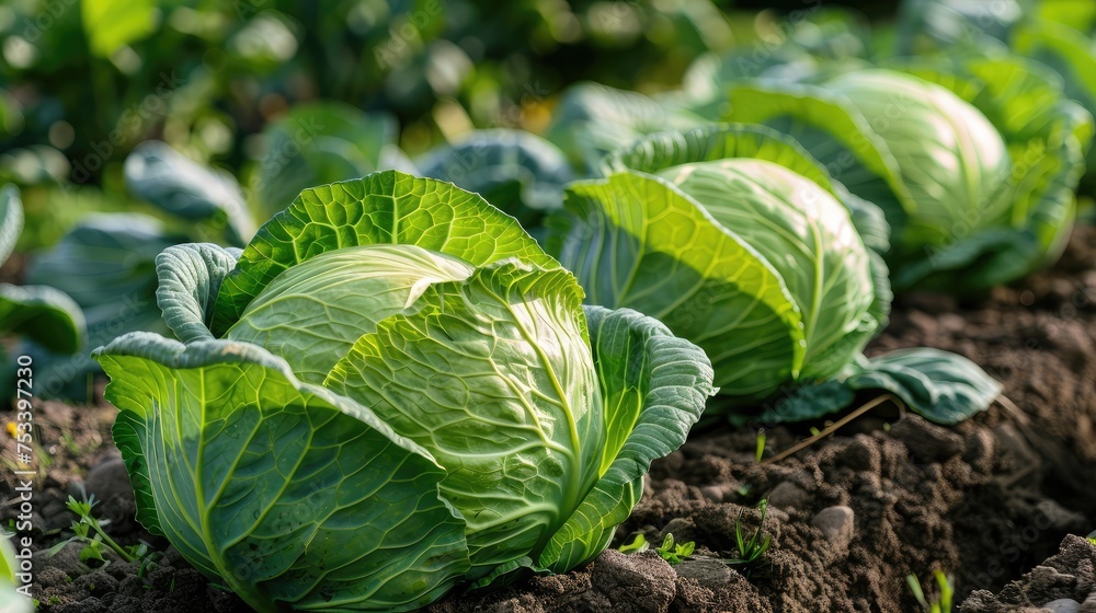 Naklejka premium Green cabbage garden in summer Generative Ai