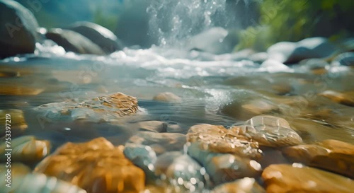 Clear stream running through stone boulders Abundant river flowing on stone bottom in slow motion. Wild mountain river water splashing in summer day.underwater bubbles. split view.. 4K photo