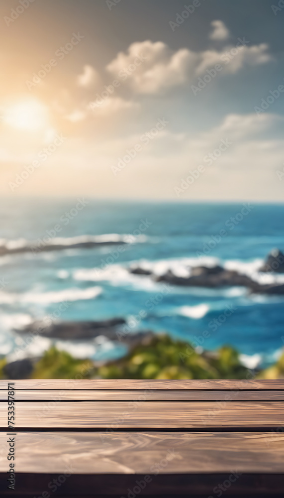 Empty wooden deck table with blurred seaside background, suitable for product display.