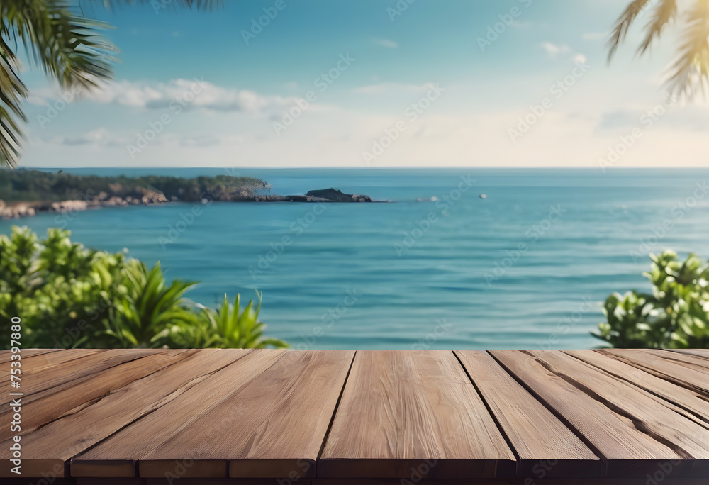 Tropical beach view with wooden deck and palm leaves overlooking a serene blue ocean and distant island.