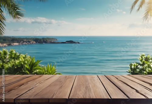 Tropical beach view with wooden deck and palm leaves overlooking a serene blue ocean and distant island.